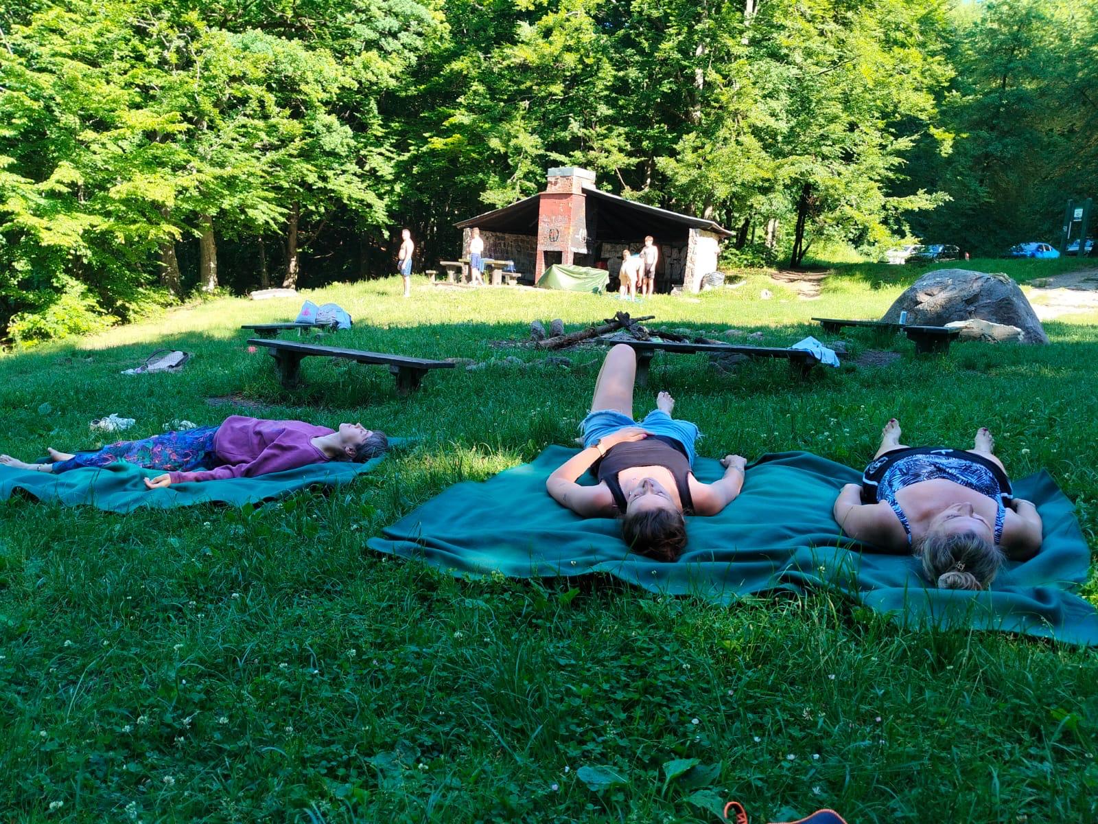 Kobiety odpoczywają leżąc na kocach na leśnej polanie